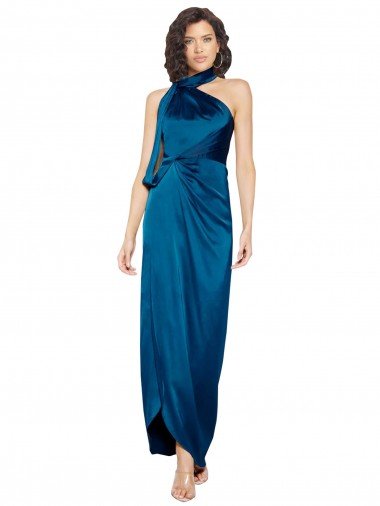 High Halter Neck Silky Satin Formal Dress with Sash Overlay and Side Split Canada