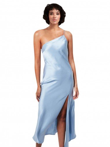 Midi Length Short Silky Satin Cocktail Formal Dress with Asymmetric Neckline and High Side Split Canada