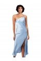 Midi Length Short Silky Satin Cocktail Formal Dress with Asymmetric Neckline and High Side Split