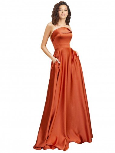 Strapless Sweep Train Silky Satin Formal Dress with Pleats Canada