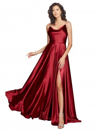 Cowl Neckline Long Silky Satin Formal Dress with Spaghetti Straps Canada