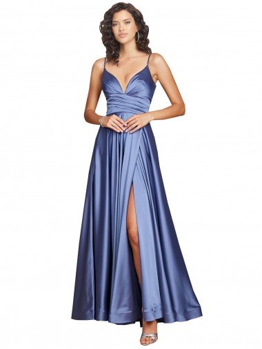 Deep V-Neck Sweetheart Long Silky Satin Formal Dress with Thigh High Slit Canada