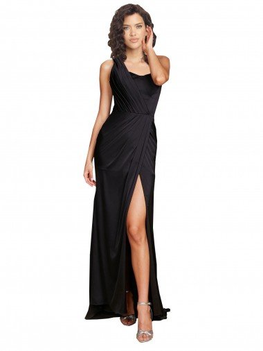 Full Length One Shoulder Ruffled Long Silky Satin Formal Dress with High Slit Canada