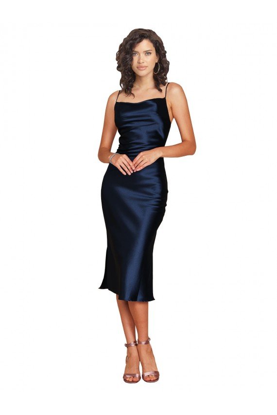 Short Sleeveless Spaghetti Straps Cowl Neckline Silky Satin Cocktail Formal Dress