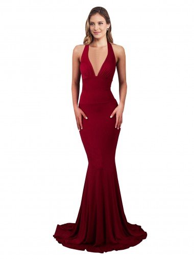 Halter Mermaid Plunge V-Neckline Open Back Bow Tie Spandex Formal Dress Canada