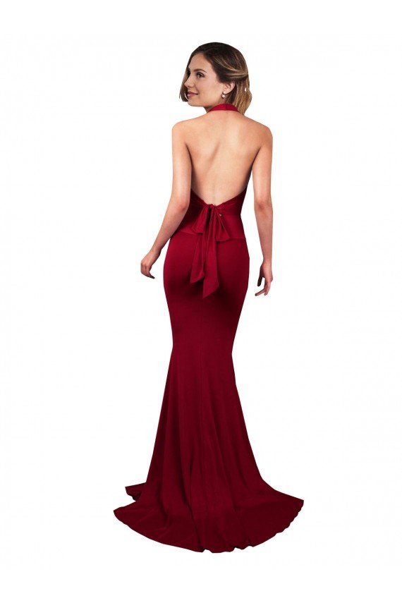 Halter Mermaid Plunge V-Neckline Open Back Bow Tie Spandex Formal Dress