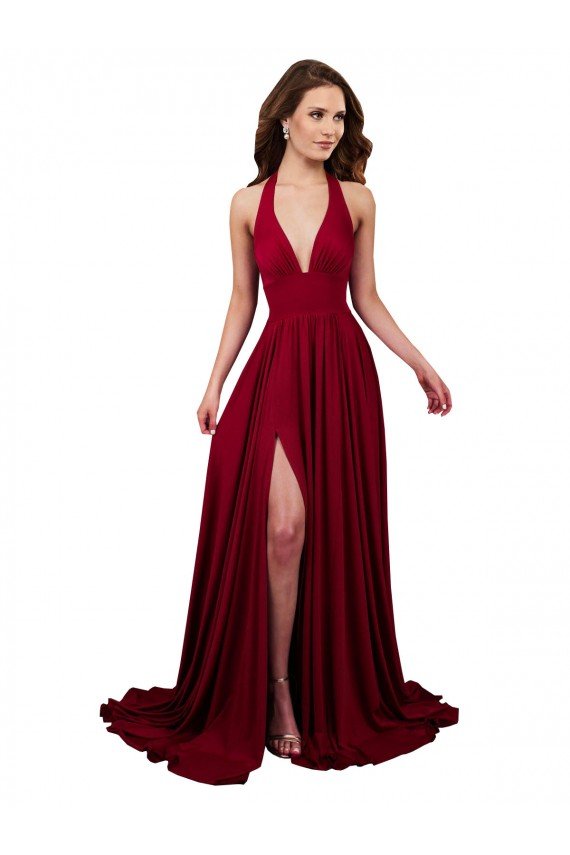 A-Line Halter Plunge V-Neckline Open Back Spandex Formal Dress with Slit
