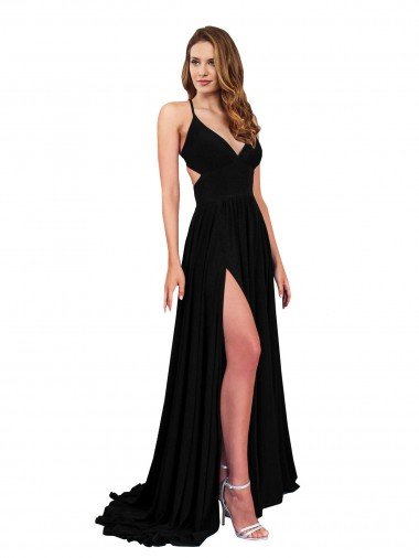 High Slit Open Back Long Spandex Formal Dress with Lined Crossover Bust Canada