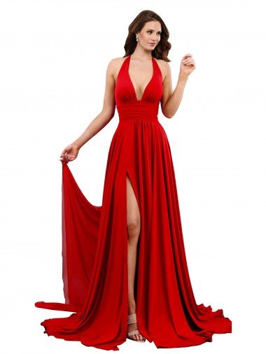 High Slit A-Line Halter Long Spandex Formal Dress Open Back Canada