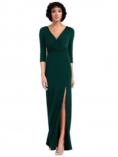 Floor Length 3/4 Sleeves V-Back Draped Wrap Maxi Spandex Formal Dress Canada