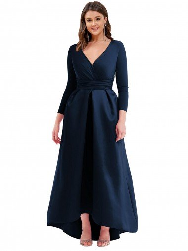 Long Sleeves Wrapped Spandex Formal Dress with High Low Full Skirt and Pockets Canada
