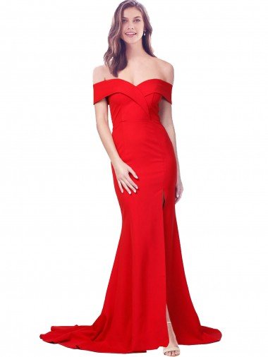 Off the Shoulder Full Length Long Crepe Formal Dress with Side Split Canada