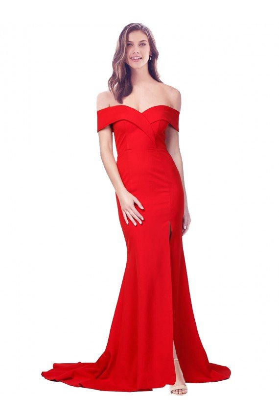 Off the Shoulder Full Length Long Crepe Formal Dress with Side Split