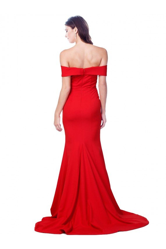 Off the Shoulder Full Length Long Crepe Formal Dress with Side Split