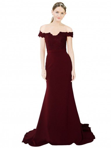 Full Length Off the Shoulder Crepe Formal Dress with Lace On Bodice and Back Canada