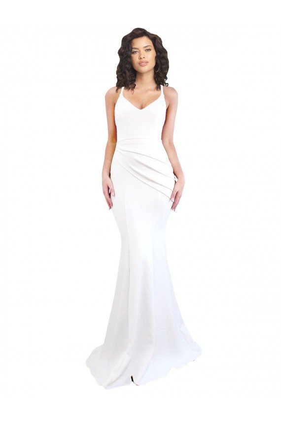 Fishtail Shape Spaghetti Straps Open Back Crepe Formal Dress with Ruffles
