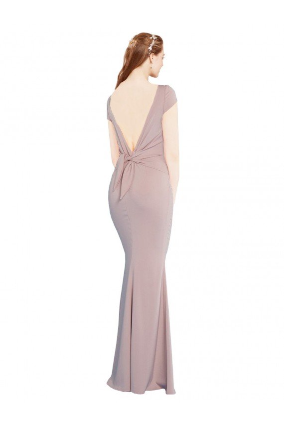 Boat Neck Cap Sleeve Crepe Formal Dress with Plunging Tie Back