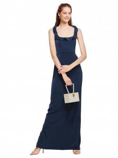 Scoop Neck with Ruffles Long Crepe Formal Dress with Back Slit Canada