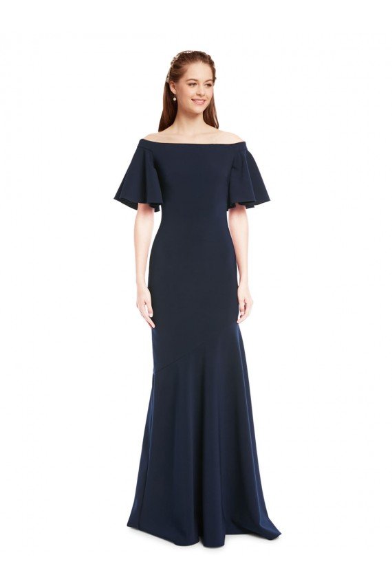 Off the Shoulder Crepe Formal Dress with Short Ruffle Sleeves.