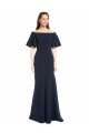 Off the Shoulder Crepe Formal Dress with Short Ruffle Sleeves.