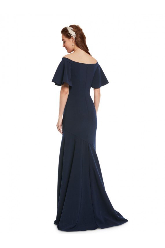 Off the Shoulder Crepe Formal Dress with Short Ruffle Sleeves.