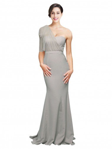Long Sweep Train Sweetheart Crepe Formal Dress with Tulle One Shoulder Canada