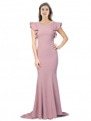 Flutter Sleeves Low V-Back High Round Neck Crepe Formal Dress Canada
