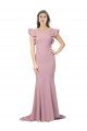 Flutter Sleeves Low V-Back High Round Neck Crepe Formal Dress