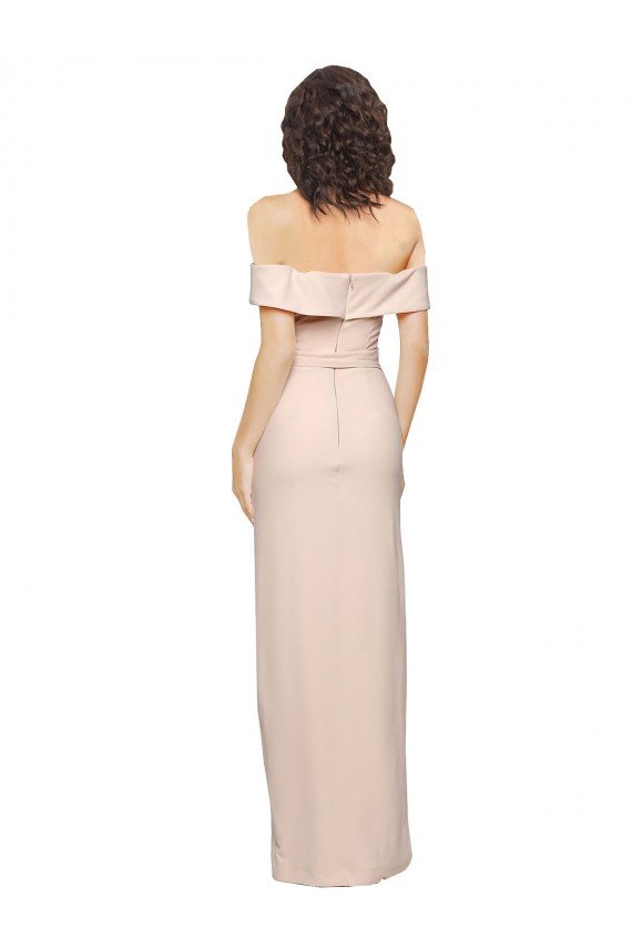 Off the Shoulder Long Crepe Formal Dress with Waist Tie and Slit