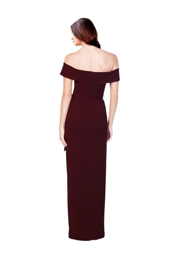 Off the Shoulder Long Crepe Formal Dress with Waist Tie