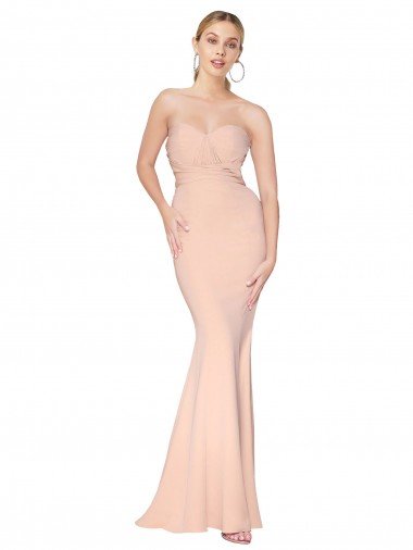 Sweetheart Shirred Neck Long Floor Length Crepe Formal Dress Canada