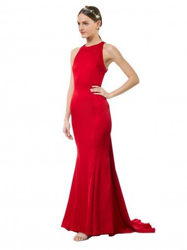 High Neck Mermaid Open Back Crepe Maxi Formal Dress with Train Detail Canada