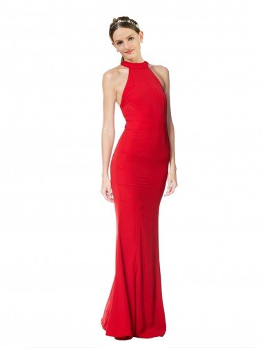 Halter Neck Keyhole Back Sleeveless Crepe Maxi Formal Dress Canada