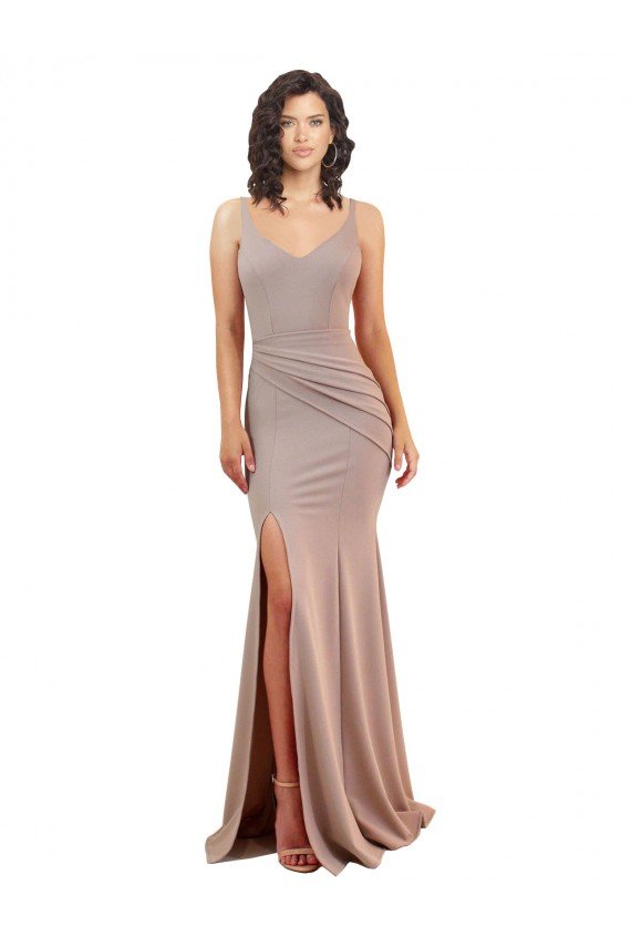 Fishtail Shape V-Neck Crepe Formal Dress with Slit