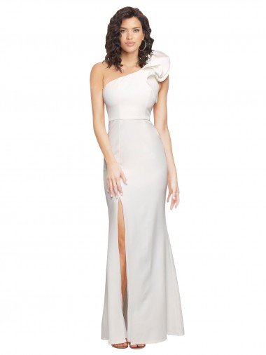 One Shoulder Long Full Length Crepe Formal Dress with Ruffles and Side Split Canada