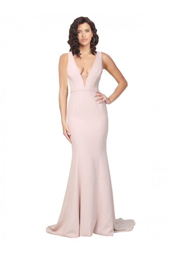Deep Plunging V-Neckline Full Length Crepe Formal Dress with Deep V-Backline