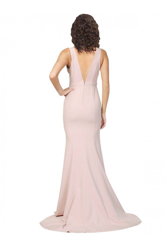 Deep Plunging V-Neckline Full Length Crepe Formal Dress with Deep V-Backline