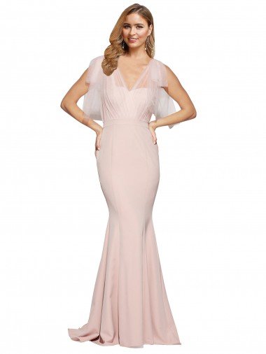 Double Bow Full Length Sweetheart Crepe Formal Dress with Tulle Overlay Canada
