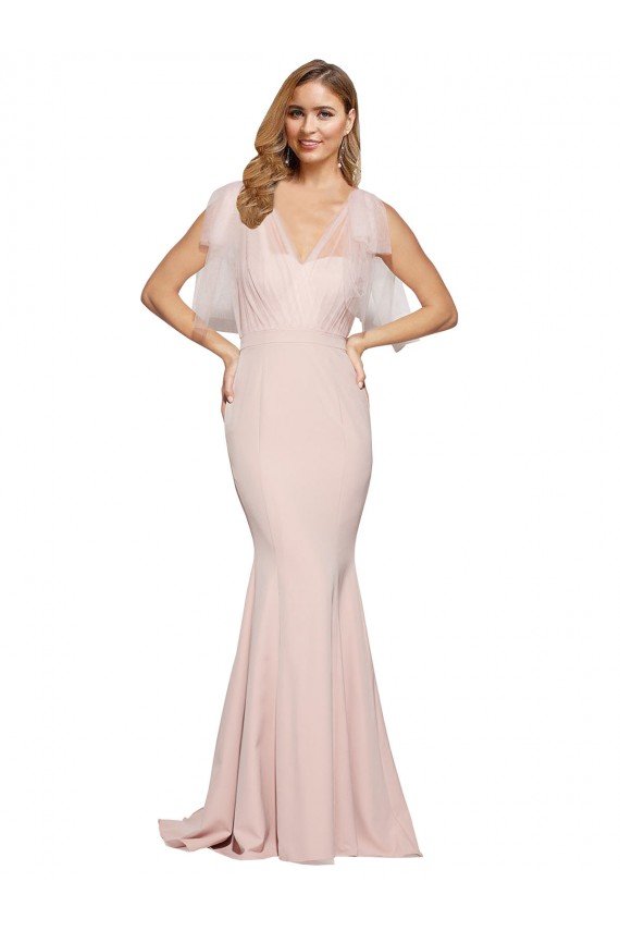 Double Bow Full Length Sweetheart Crepe Formal Dress with Tulle Overlay