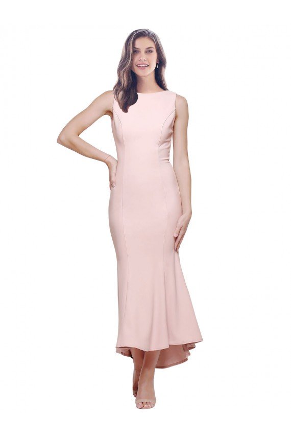 High Neck Low V-Back Midi Length Crepe Cocktail Formal Dress