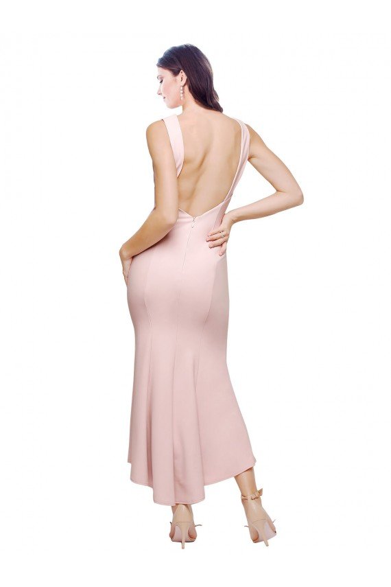 High Neck Low V-Back Midi Length Crepe Cocktail Formal Dress
