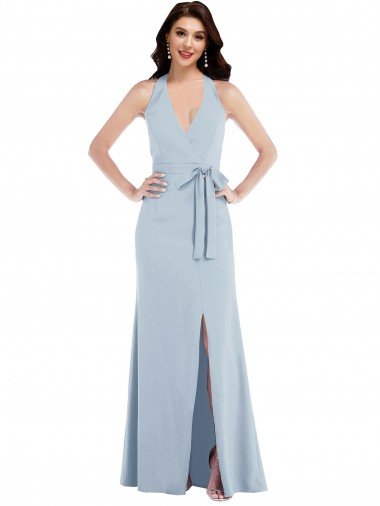 Open Back Halter Maxi Crepe Formal Dress with Draped Bow Canada