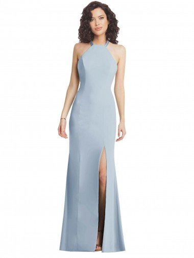 High Neck Halter Crepe Formal Dress with Twist Criss Cross Back Canada