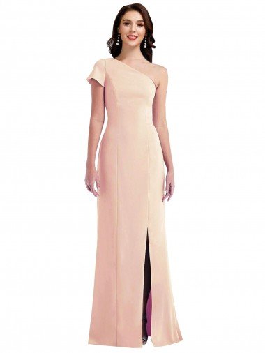 One Shoulder Cap Sleeves Trumpet Crepe Formal Dress with Front Slit Canada
