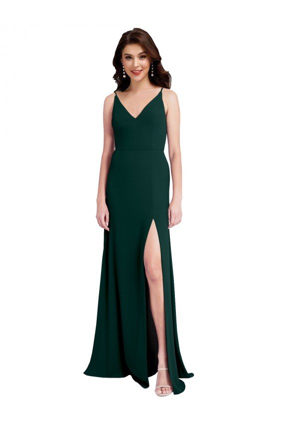 Slim A-Line V-Neck Full Length Crepe Formal Dress with Side Slit