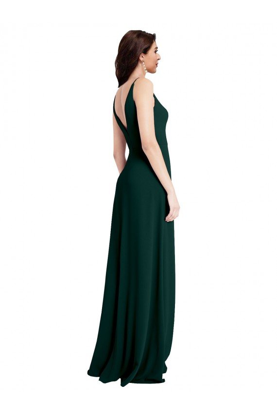 Slim A-Line V-Neck Full Length Crepe Formal Dress with Side Slit