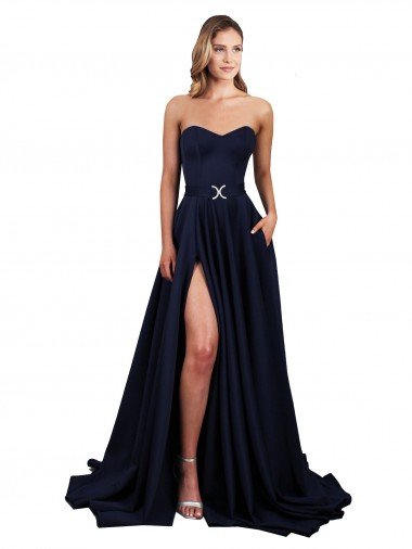 Sweetheart Neckline Low Back Long Crepe Formal Dress with High Leg Spit & Pockets Canada
