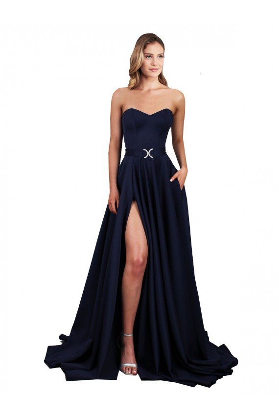 Sweetheart Neckline Low Back Long Crepe Formal Dress with High Leg Spit & Pockets