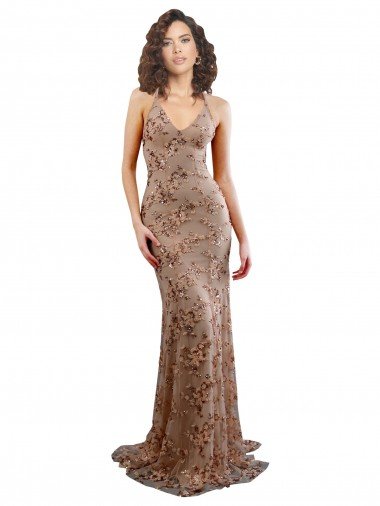 Floral Patterned Backless V-Neckline Sequin Formal Dress Canada