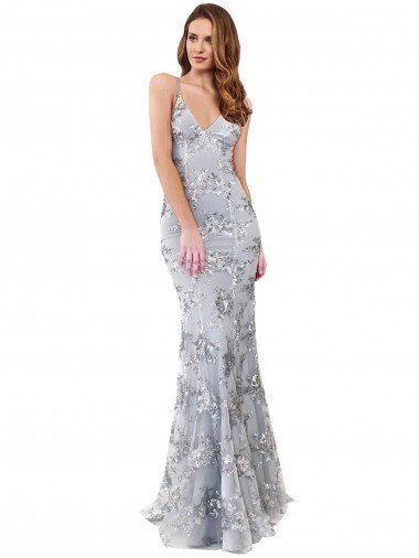 Silver V-Neckline Backless Floral Patterned Sequin Formal Dress Canada